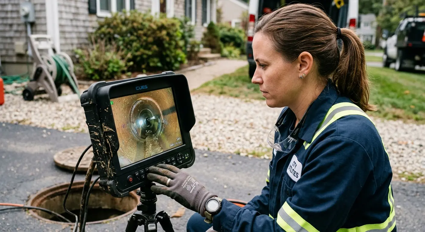 Technician reviewing sewer camera inspection footage in Sebastian