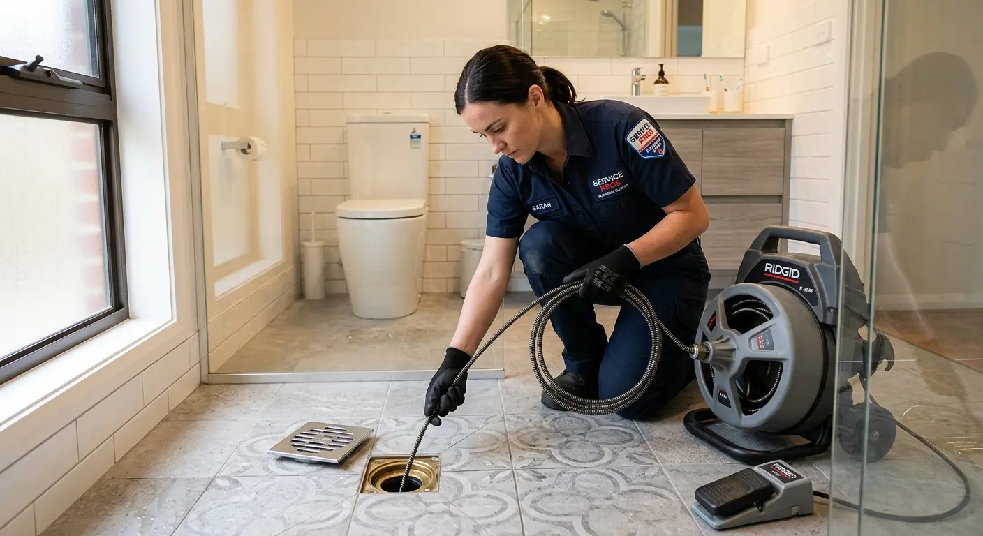 Technician clearing a bathroom floor drain for Drain Cleaning in Sebastian